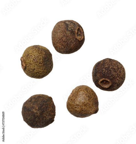 Dry allspice peas on isolated background, top view.