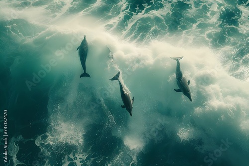 A group of dolphins swimming in the ocean, with the water in the background.,dolphins in the ocean