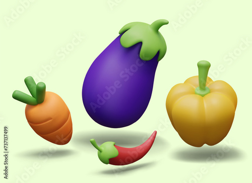 Set of realistic vegetables in plasticine style. Ripe eggplant, hot pepper, carrot, yellow paprika