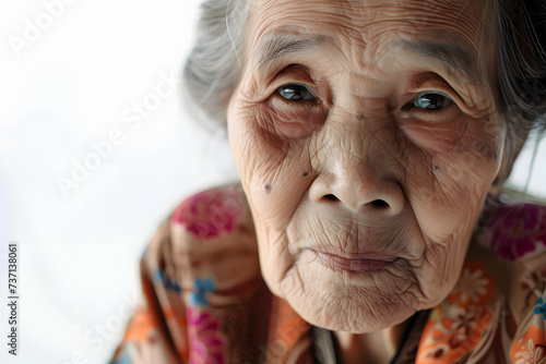 Closeup Portrait of old asian woman isolated on white background © Oksana