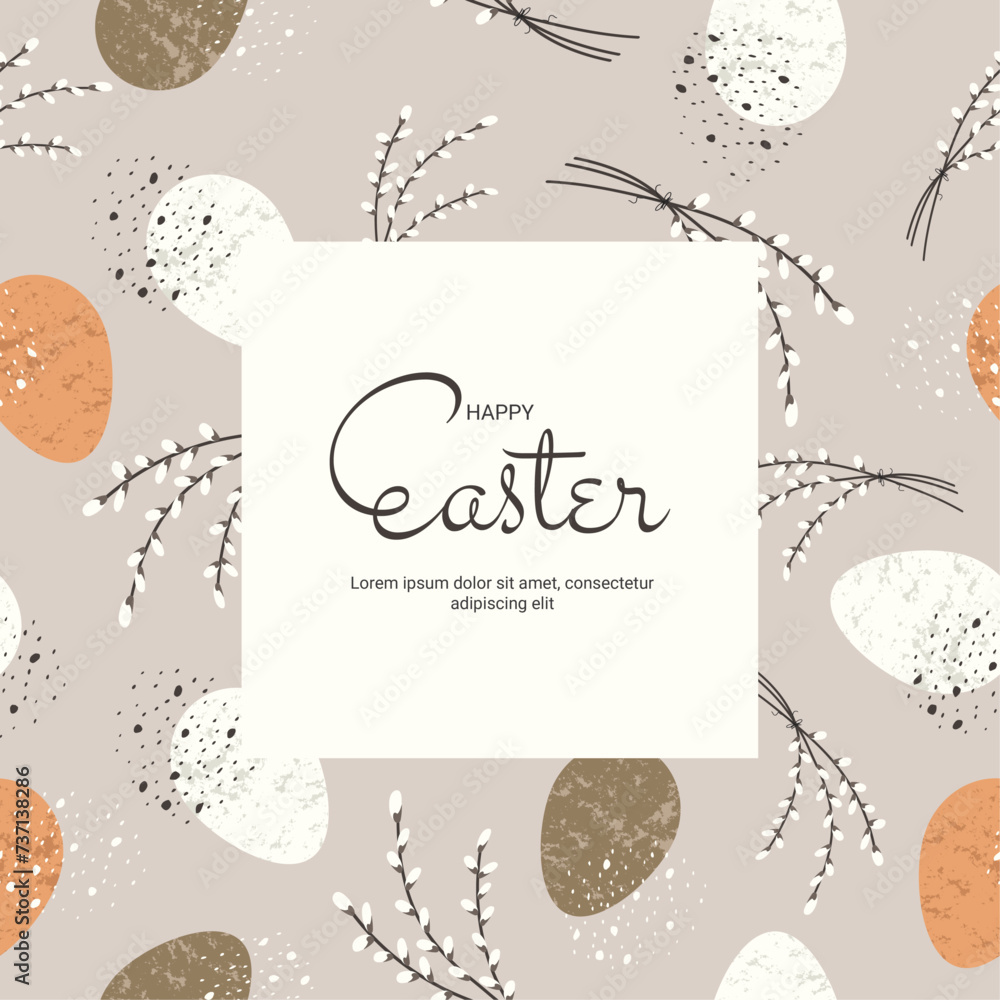 Obraz premium Square Easter Holiday Card with Seamless Pattern. Textured Easter Eggs. Vector template for social media