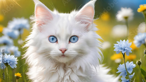 Cute white playful angora kitten with blue eyes on blurred summer meadow background.Generative AI