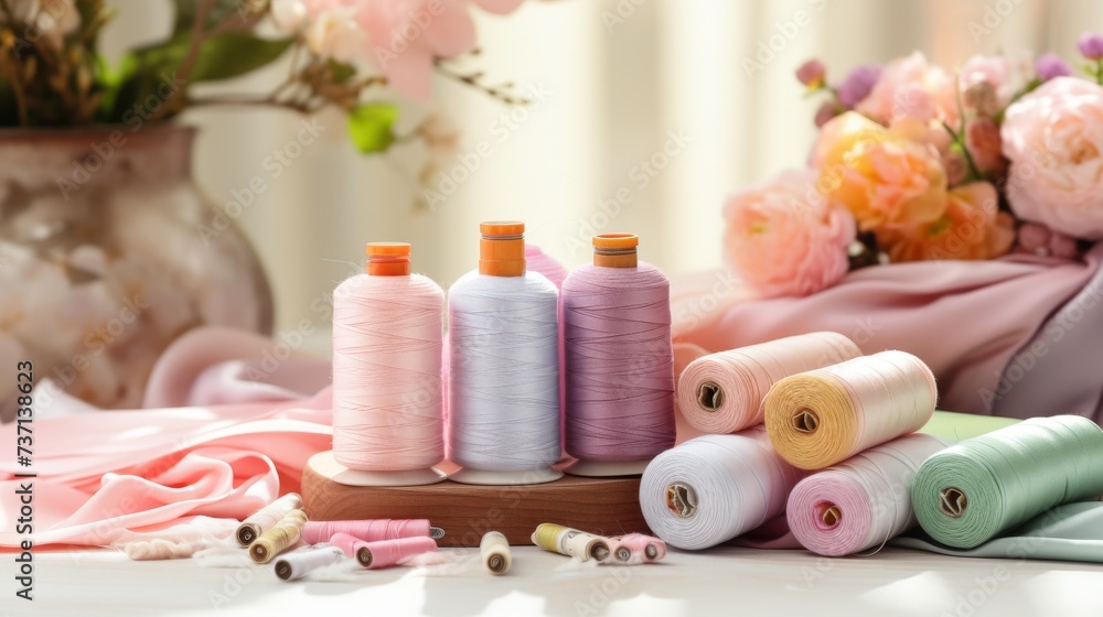 Various pastel colored fabric rolls surrounded by sewing tools - obrazy, fototapety, plakaty 