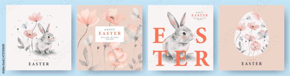 Happy Easter watercolor cards set with cute Easter rabbit, egg and spring flowers in pastel colors in light peach, soft pink, grey on white background. Isolated Easter watercolor decor elements - obrazy, fototapety, plakaty 