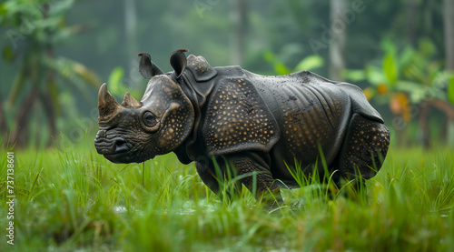 A javan rhinoceros(Rhinoceros sondaicus) in a tranquil wetland surrounded by green foliage, ai generated photo