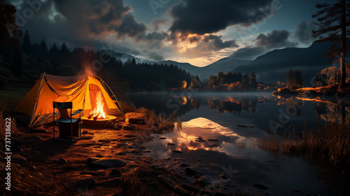 Aspect ratio 16 9 camping in a hut or tent amidst the atmosphere of lakes  forests and valleys in summer or winter.