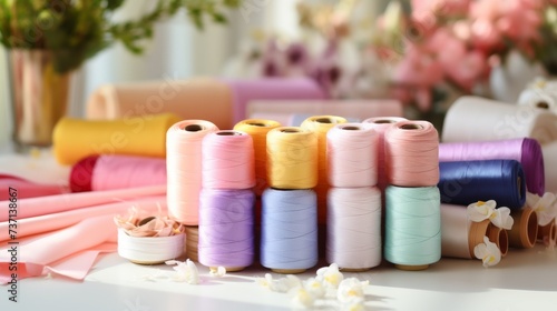 Various pastel colored fabric rolls surrounded by sewing tools