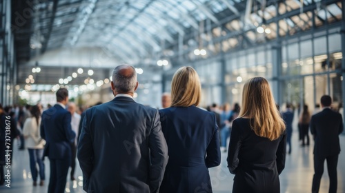 Business executives standing in exhibition hall