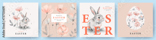 Happy Easter watercolor cards set with cute Easter rabbit, egg and spring flowers in pastel colors in light peach, soft pink, grey on white background. Isolated Easter watercolor decor elements