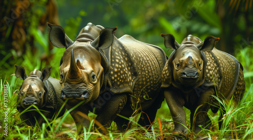 Trio of javan rhinoceroses (Rhinoceros sondaicus) together in the jungle, showcasing family unity, ai generated photo