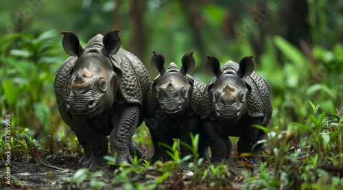 Three javan rhinoceroses (Rhinoceros sondaicus)  aligned on a muddy path in the forest, exuding a calm demeanor,ai generated photo