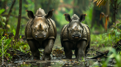 Two javan rhinoceroses (Rhinoceros sondaicus) standing face-to-face on a muddy trail, flanked by lush greenery, ai generated photo