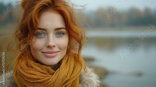 Portrait of a red-haired woman with a mustard scarf by the lake.