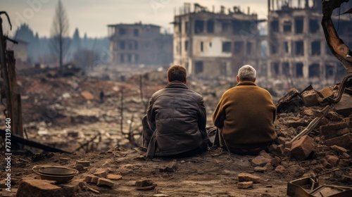 old men in dirty clothes sitting in the middle of destroyed city after the war.
