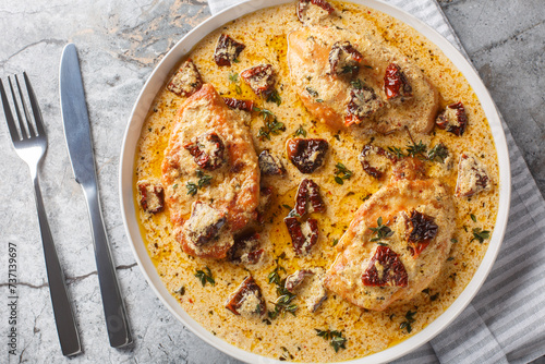 Marry Me Chicken, chicken breasts sauteed in cream sauce with sundried tomatoes, thyme, red pepper flakes closeup on the plate on the table. Horizontal top view from above photo