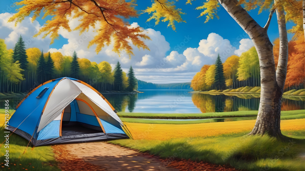 tent,tree,lake,cloud,Generative AI
