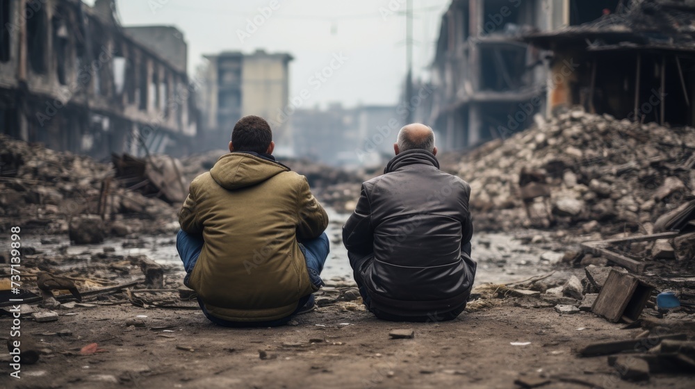 old men in dirty clothes sitting in the middle of destroyed city after the war.
