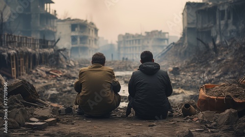 old men in dirty clothes sitting in the middle of destroyed city after the war.