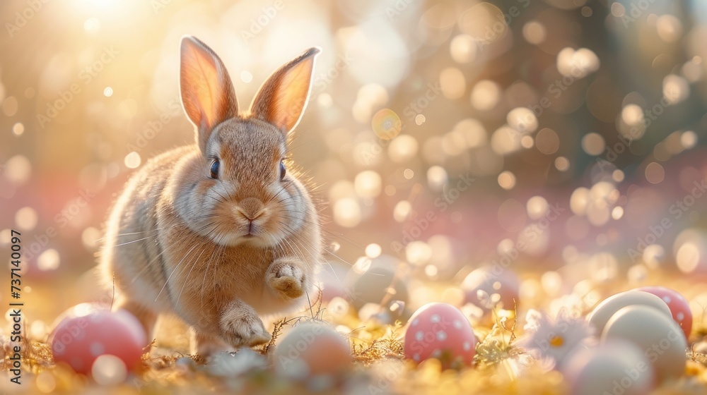 Cute fluffy bunny jumps forward. Bunny and Easter eggs on a bright background. Spring mood. Cute fluffy bunny jumps forward. Bunny and Easter eggs on a bright background. Spring mood.