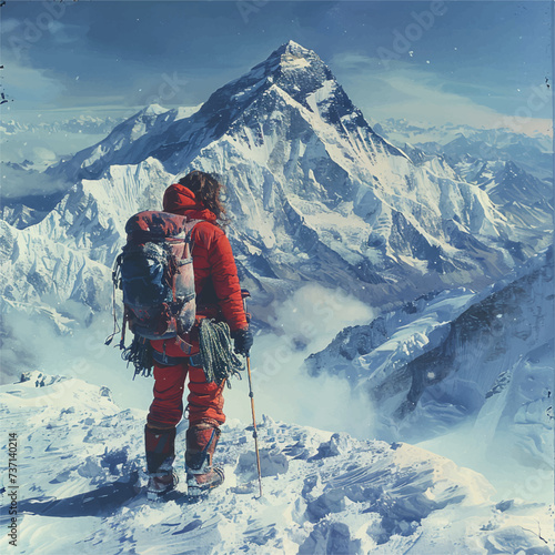 Person on a top of snow mountain vector