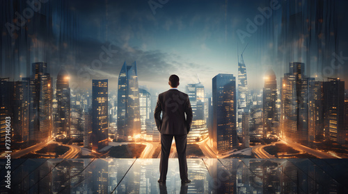 Businessman looking at the city on the background,, Businessman walking in office room panoramic window with skyline and city wireframe hologram skyscrapers in matrix Concept of futuristic technology 