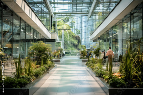 Corporate luxury modern interior. Business open space. Hotel lobby. Business modern glass company office building. High glass walls. Green interior with many plants