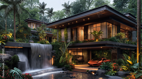 An upscale and modern home with waterfalls, green tropical plants and a luxury sports car