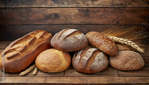 Loaves of different bread on wooden background with copy space photo