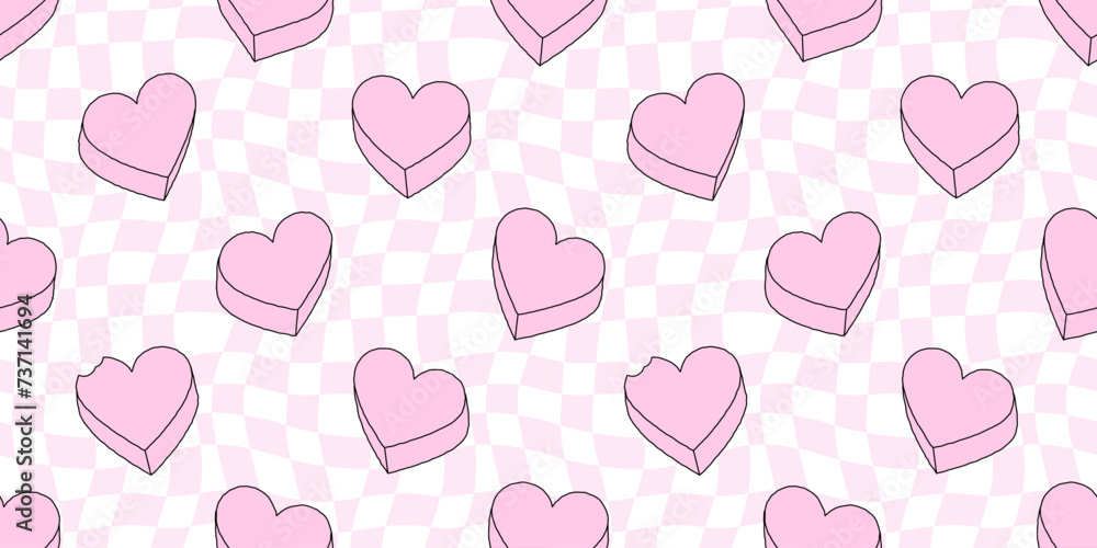 Pink heart candy seamless pattern illustration. Cute love hearts checkered background print. Valentine's day holiday backdrop texture, romantic wedding design. Wavy checker board grid texture. Pink heart candy seamless pattern illustration. Cute love hearts checkered background print. Valentine's day holiday backdrop texture, romantic wedding design. Wavy checker board grid texture.