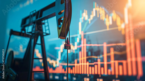 oil price graph and Oil rig pump jack background photo