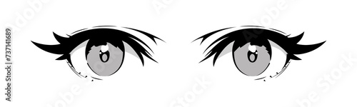 Anime woman eye close up on isolated background. Black and white japanese manga cartoon character, cute animation art style girl. Trendy Y2K eyes, chibi facial expression graphic, comic book girl. photo