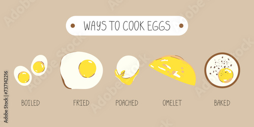 Boiled, fried, baked, poached eggs, and omelet hand drawn illustration. Ways to cook eggs infographic. A set of methods for preparing egg dishes, flat vector
