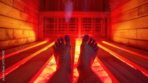Person's feet in a red light therapy bed.