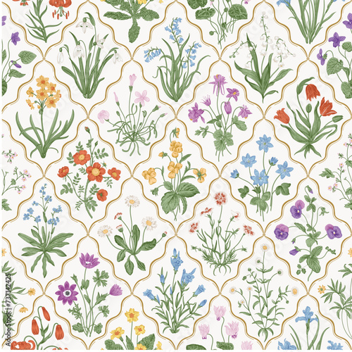 Millefleurs. Seamless pattern. Vintage vector botanical illustration. Colorful