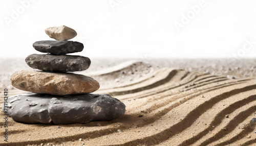 Stones on sand with lines against white background