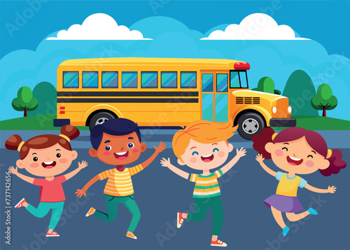 Illustration of School Kids Riding a Schoolbus