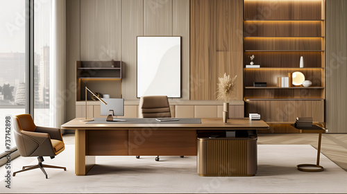 Elegant and minimalist office interior. Luxurious executive office with walnut wood paneling.