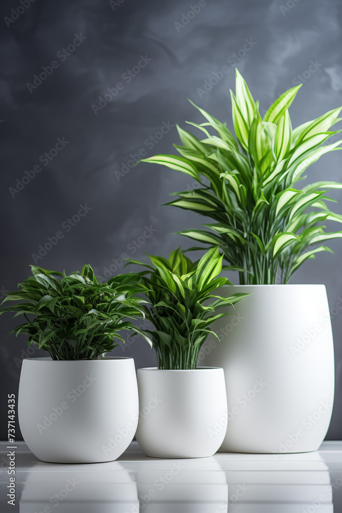Obraz premium Indoor plants in pots. Chamaedorea, Aloe, Haworthia. Eco house. Green corner. Houseplants background