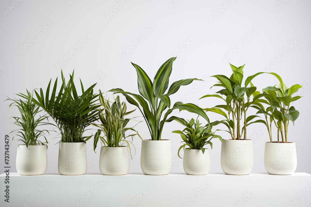 Indoor plants in pots. Chamaedorea, Aloe, Haworthia. Eco house. Green corner. Houseplants background