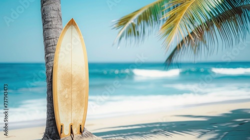 Surfboard against the backdrop of a seascape, beach and palm trees, active recreation concept, advertising for surfing training © Anzhela