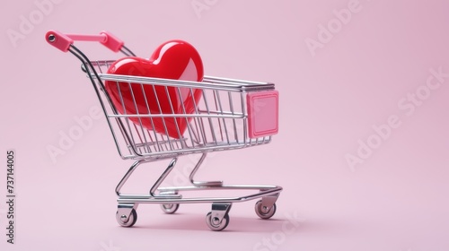 heart shopping cart on pink background 