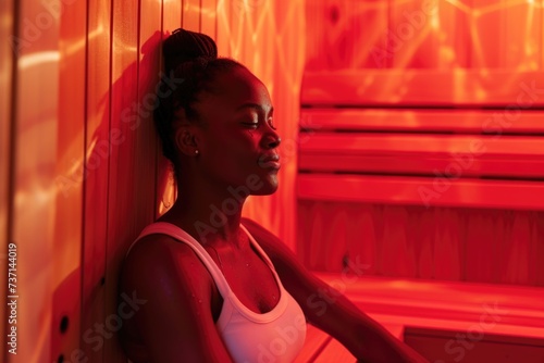 Woman relaxing in an infrared sauna. photo