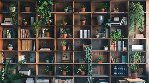 A contemporary-style bookshelf adorned with plants that serves as a modern decorative element for virtual office backdrops photo