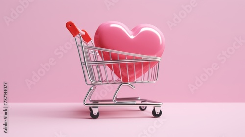 heart shopping cart on pink background 