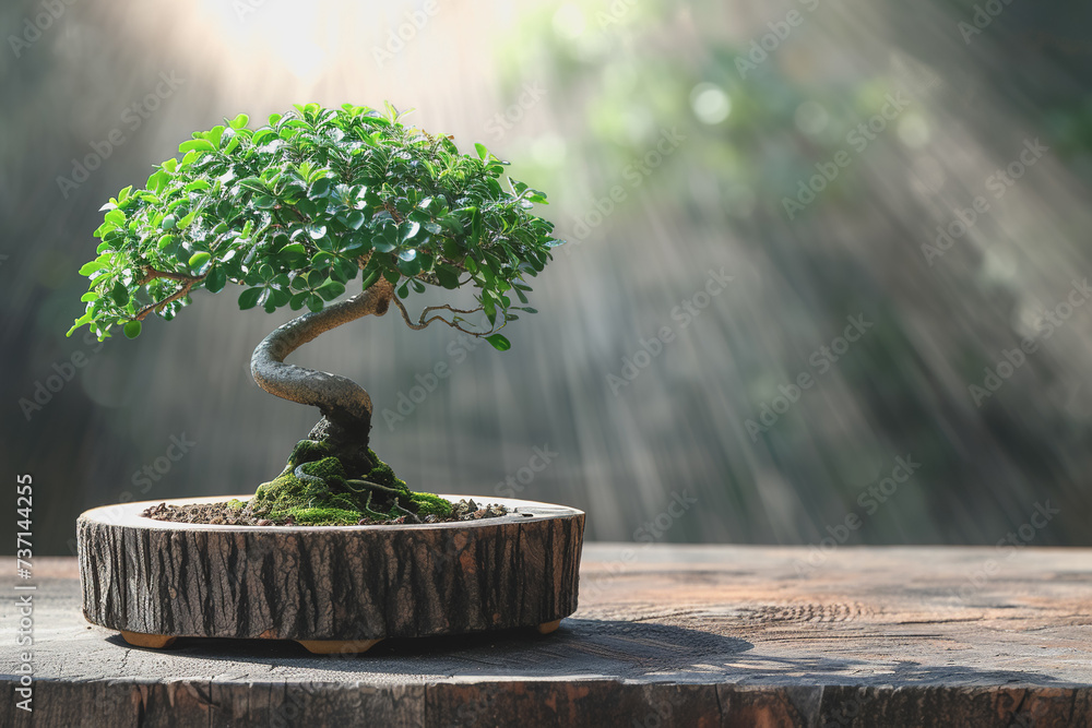 Traditional bonsai tree on a wooden oak table, calm atmosphere, minimalism, copy space. AI Generated Traditional bonsai tree on a wooden oak table, calm atmosphere, minimalism, copy space. AI Generated