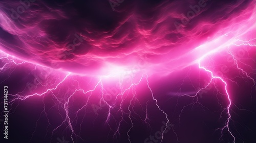 Illuminated Neon Pink Lightning Under Stormy Clouds.