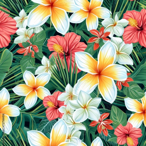 Vibrant Tropical Flower Pattern with Lush Greenery.