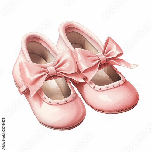 Watercolor pink baby girl shoes isolated. Watercolor pink kid shoes isolated. Watercolor fashion. Watercolor girl shoes.