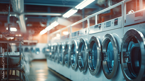 A row of industrial washing machines in a public laundromat 