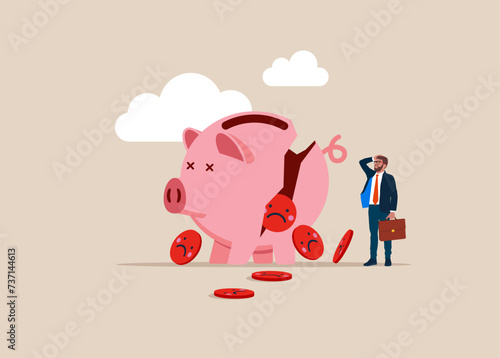 Businessman look at collapsing piggy bank with negatively face emoji case. After business failure, burnout or exhausted from crisis. Flat vector illustration